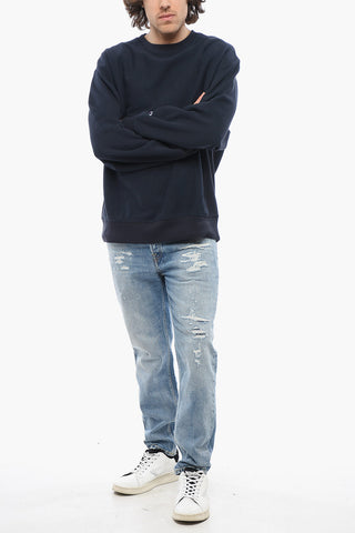 Solid Color Fleeced-Cotton Crew-neck Sweatshirt