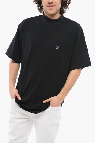 Solid Color Mock-Neck T-Shirt with Butterfly Embroidery
