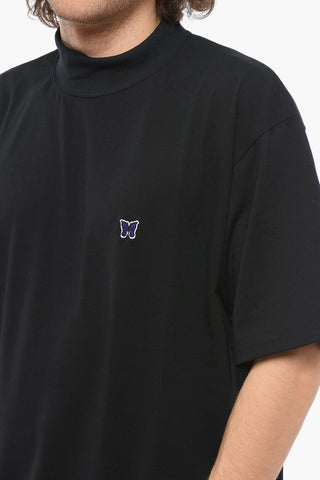 Solid Color Mock-Neck T-Shirt with Butterfly Embroidery
