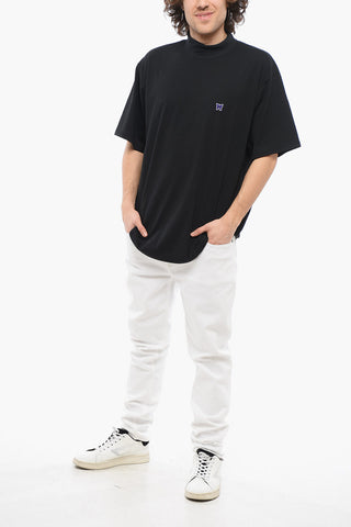 Solid Color Mock-Neck T-Shirt with Butterfly Embroidery
