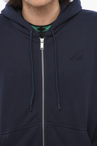 Solid Color Cotton Sweatshirt with Hood and Zip Closure