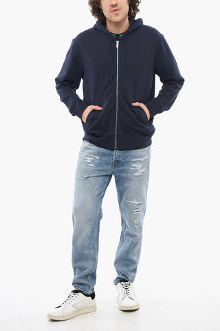 Solid Color Cotton Sweatshirt with Hood and Zip Closure