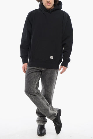 Felpa Hoodie in Cotone Felpato a Tinta Unita con Tasca A Toppa