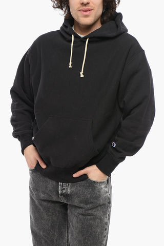 Felpa Hoodie in Cotone Felpato a Tinta Unita con Tasca A Toppa