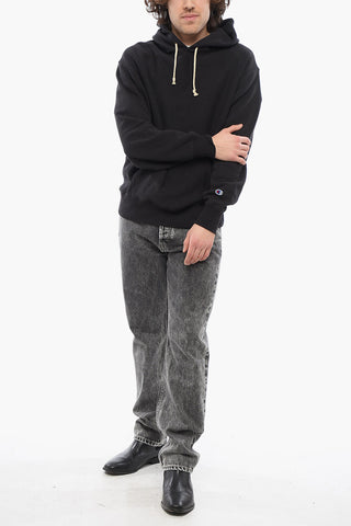 Felpa Hoodie in Cotone Felpato a Tinta Unita con Tasca A Toppa