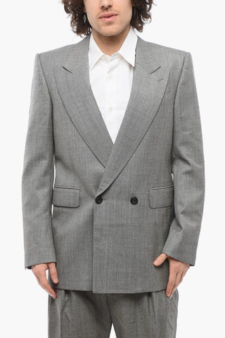 Double-breasted Twill Wool Blazer with Flap Pockets