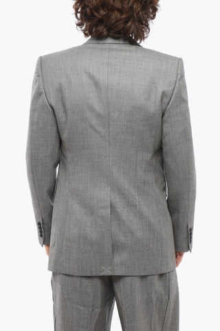 Double-breasted Twill Wool Blazer with Flap Pockets