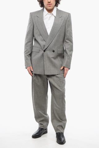 Double-breasted Twill Wool Blazer with Flap Pockets
