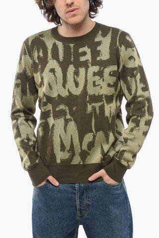Crew Neck Wool Blend Sweater with All-Over Jacquard Logo