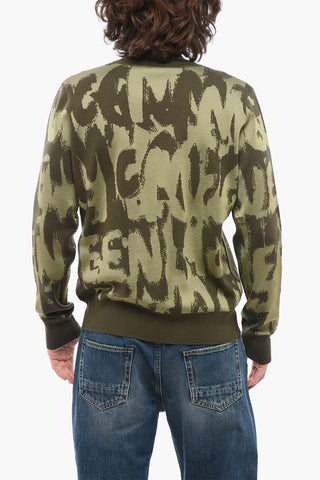 Crew Neck Wool Blend Sweater with All-Over Jacquard Logo