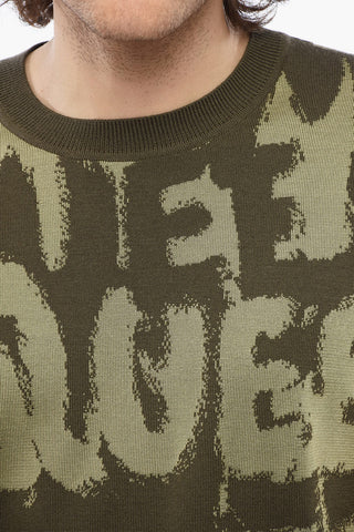 Crew Neck Wool Blend Sweater with All-Over Jacquard Logo