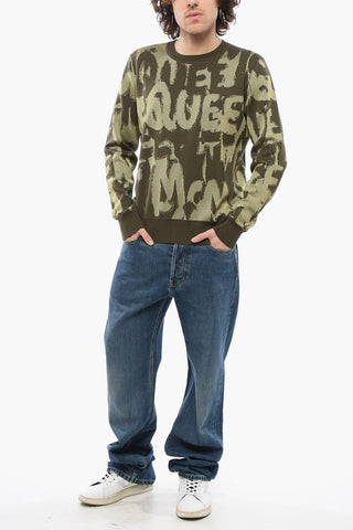 Crew Neck Wool Blend Sweater with All-Over Jacquard Logo
