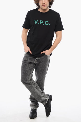 Solid Color Crew-neck T-Shirt with Flocked Logo