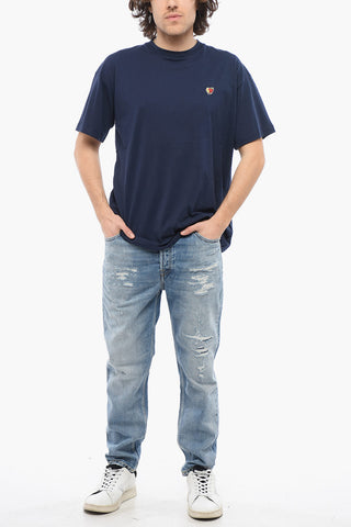 Solid Color Crew-neck T-Shirt with Contrasting Embroidery