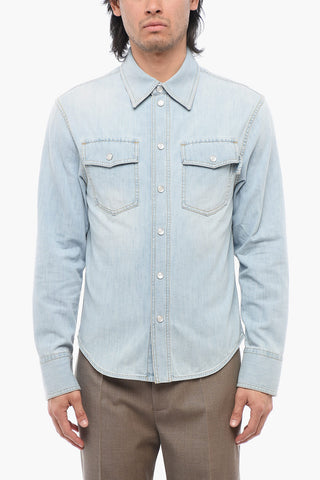 Camicia in Denim Lavaggio Chiaro con Bottoni a Pressione