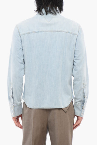 Camicia in Denim Lavaggio Chiaro con Bottoni a Pressione