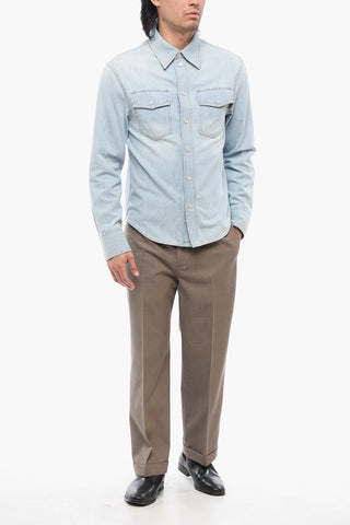 Camicia in Denim Lavaggio Chiaro con Bottoni a Pressione
