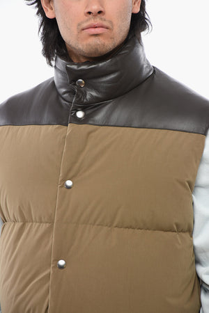 Cotton Sleeveless Puffer with Leather Detail