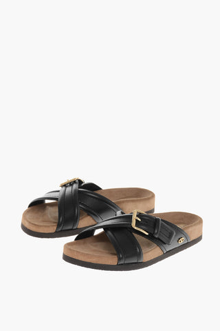 Leather Criss Cross Sliders with Rubber Sole