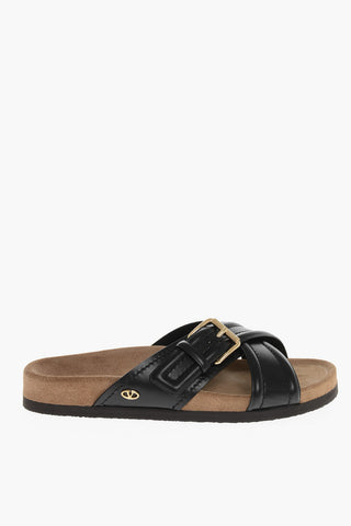 Leather Criss Cross Sliders with Rubber Sole