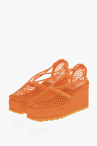 Meshed Wedged Lace-Up Espadrilles with Leather Trimmings