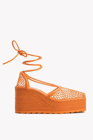 Meshed Wedged Lace-Up Espadrilles with Leather Trimmings