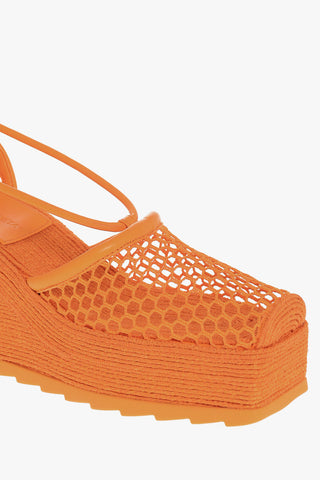 Meshed Wedged Lace-Up Espadrilles with Leather Trimmings