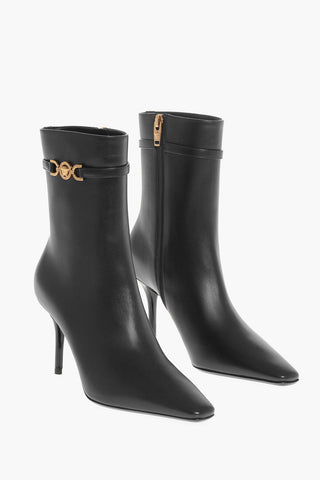 Leather Booties with Logoed Strap and Stiletto Heel 9cm
