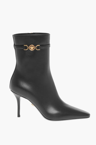 Leather Booties with Logoed Strap and Stiletto Heel 9cm