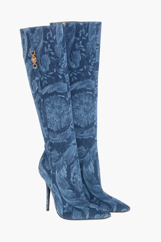 Kniehohe Stiefel aus Denim LA GRECA mit 11 cm Stilettoabsatz