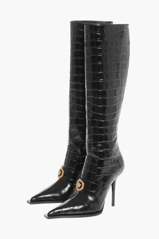 Crocodile Effect Printed Leather Under the Knee Boots 11cm