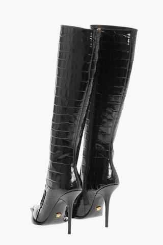 Crocodile Effect Printed Leather Under the Knee Boots 11cm