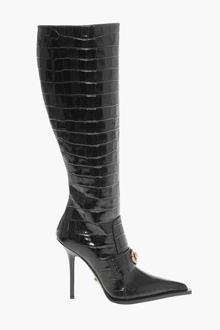 Crocodile Effect Printed Leather Under the Knee Boots 11cm