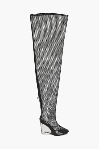 Overknee-Stiefel aus Mesh mit 11 cm Plexiglas-Keilabsatz