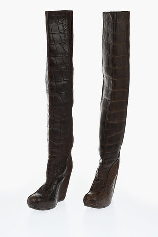 Crocodile Leather High Boots with Wedge 15cm