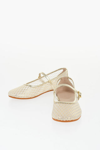 Ballerine Mary Jane in Pelle Traforata Effetto Dorato con Fodera in Tulle Trasparente
