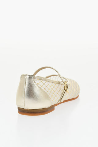 Ballerine Mary Jane in Pelle Traforata Effetto Dorato con Fodera in Tulle Trasparente