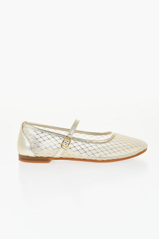 Ballerine Mary Jane in Pelle Traforata Effetto Dorato con Fodera in Tulle Trasparente