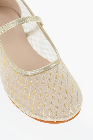 Ballerine Mary Jane in Pelle Traforata Effetto Dorato con Fodera in Tulle Trasparente