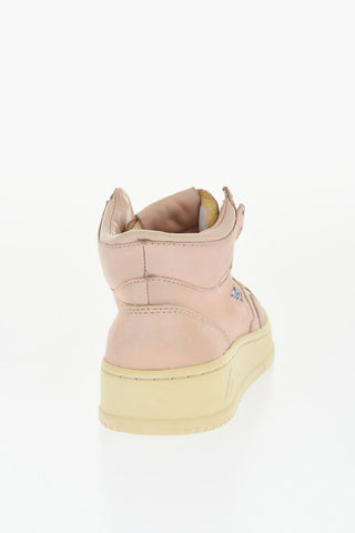 Solid Color Leather Mid-Top Sneakers