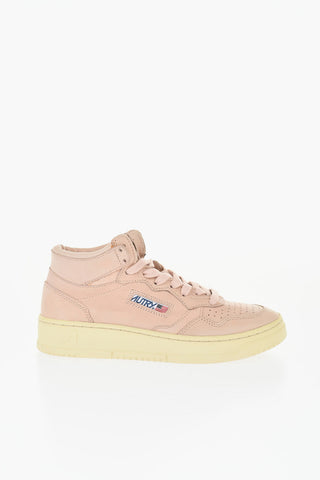 Solid Color Leather Mid-Top Sneakers