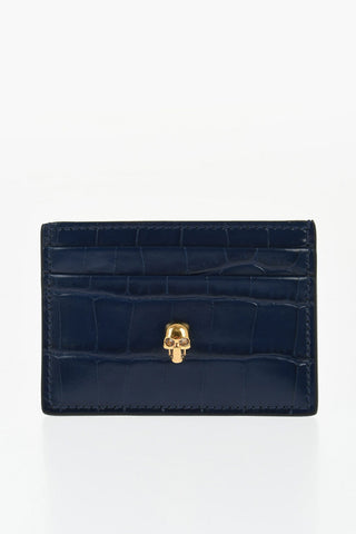 Crocodile Effect Leather Card Holder with Golden Skull