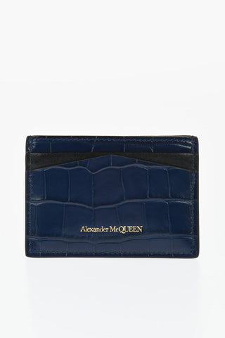 Crocodile Effect Leather Card Holder with Golden Skull