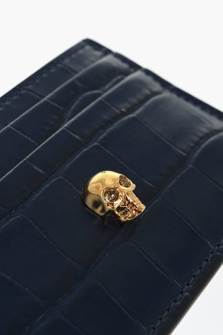 Crocodile Effect Leather Card Holder with Golden Skull