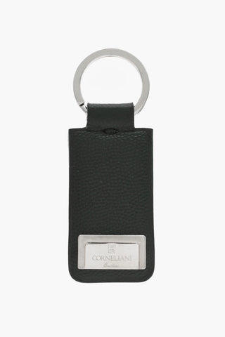 Saffiano Leather Keyring with Silver-Tone Logo Plaque