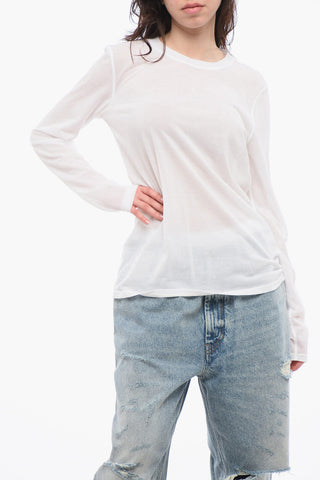 T-Shirt Girocollo in Misto Cotone a Maniche Lunghe