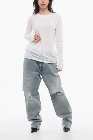T-Shirt Girocollo in Misto Cotone a Maniche Lunghe