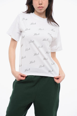 T-shirt Girocollo In Cotone con Logo in Strass All-Over