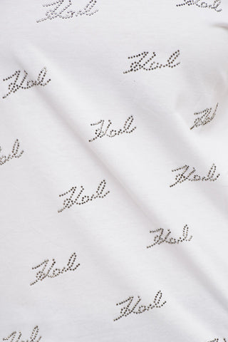 T-shirt Girocollo In Cotone con Logo in Strass All-Over