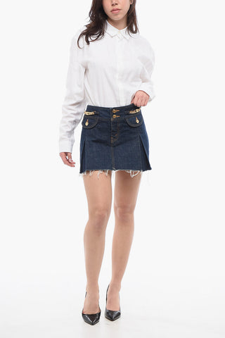 Fringed Denim Mini Skirt with Pleats